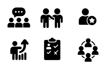Peer Influence Icons. Solid, filled icon set of peer influence: group chat, friendship chain, peer review, shared post, team vote, feedback form, thumbs up,