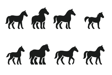 Horse Icons Set. Solid, filled icon set of riding horses: mare, stallion, gelding, pony, foal, draft horse, racehorse, Arabian horse. Solid, filled icons in