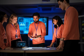 A cybersecurity team in a Security Operations Center analyzes a global threat map. They are collaborating on an incident response, tracking network intrusions in real-time.