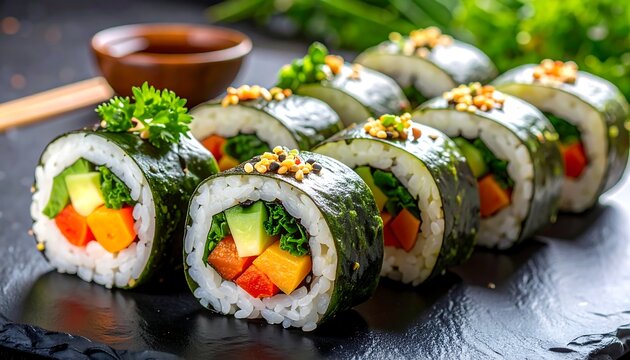 Fresh sushi rolls on dark slate