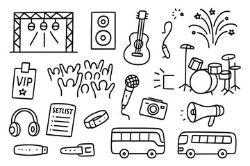 Concert Doodle Icons. Hand-drawn doodle illustration music concert stage lights, large speakers, guitar, drum set, microphone, crowd, VIP pass, headset,