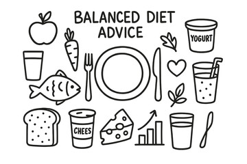 Balanced Diet Doodles. Hand-drawn doodle illustration Balanced diet advice [plate, fork, knife, apple, carrot, fish, bread slice, cheese, yogurt cup, water