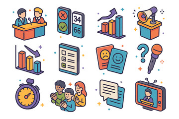 Political Debate Icons. Colorful isometric vector icons set of political debates and decision making: debate desk, vote counter, public opinion
