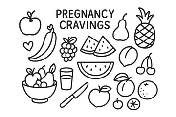 Pregnancy Cravings Doodle. Hand-drawn doodle illustration Pregnancy cravings fruits [apple, banana, grapes, strawberry, watermelon slice, mango, pineapple,