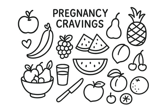 Pregnancy Cravings Doodle. Hand-drawn doodle illustration Pregnancy cravings fruits [apple, banana, grapes, strawberry, watermelon slice, mango, pineapple,