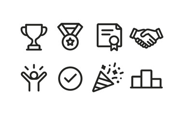 Winning Icons Set. Solid, filled icon set of bid winning: trophy, medal, certificate, handshake, celebration, checkmark, confetti, podium. Line icons in only