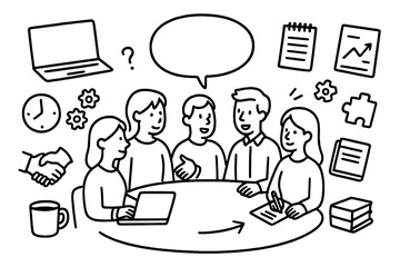 Team Brainstorming Doodles. Hand-drawn doodle illustration team discussion group of people, speech bubble, laptop, notepad, pen, chart, document, puzzle piece,