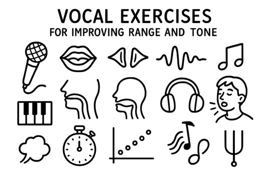 Vocal Exercise Illustrations. Hand-drawn doodle illustration vocal exercises for improving range and tone microphone, vocal cords, sound wave, music note,
