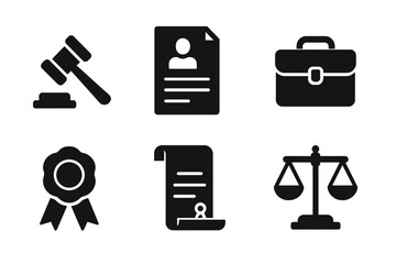 Legal Icons Grid. Solid, filled icon set of legal inheritance: court gavel, legal document, lawyer briefcase, handshake, seal, will paper, scales of justice,