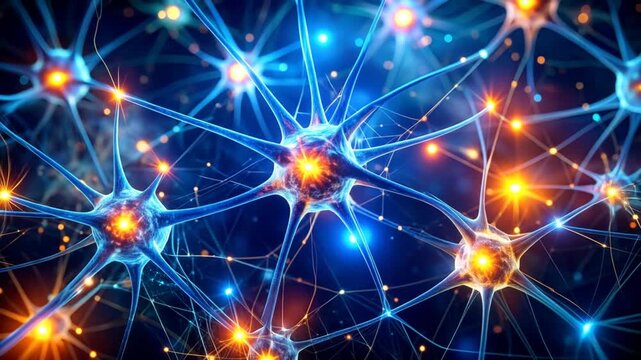 Neurons Network Illustration In Dark Background With Blue Tones And Bright Orange Synapses Medical Science Concept Digital Art