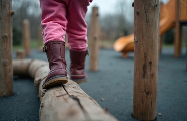 Child walking on a log in a park playground. Kid balances, overcomes obstacles, plays outside. Pink pants, maroon boots, natural wood, fun activity, healthy childhood adventure.