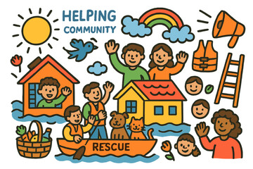 Fototapeta premium Community Rescue Celebration. Colorful Hand-drawn doodle Children illustration Community Helping rooftops, people waving, rescue boat, life jackets, basket of