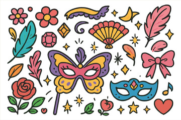 Naklejka premium Enchanted Masquerade Doodles. Colorful Hand-drawn doodle Children illustration Enchanted masquerade butterfly mask, feather, flower, jewel, heart, sparkle,