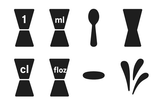 Jigger Measurement Icons. Solid, filled icon set of jigger measurement units: ounce markings, milliliter markings, teaspoon, tablespoon, centiliter, fluid