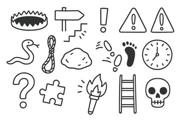 Obraz premium Life's Pitfalls Icons. Hand-drawn doodle illustration everyday life pitfalls trap hole, road sign, broken step, exclamation mark, warning triangle, snake,