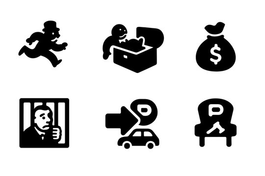 Monopoly Card Icons. Solid, filled icon set of monopoly special cards: chance card, community chest card, property deed, tax card, jail card, pass go card,