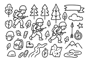 Obraz premium Forest Retreat Doodle. Hand-drawn doodle illustration Retreat through forest soldier figures, trees, leaves, backpack, helmet, broken shield, boot prints,