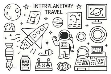 Interplanetary Travel Doodles. Hand-drawn doodle illustration [Interplanetary travel] [spaceship, stars, planets, astronaut, starmap, fuel gauge, engine,