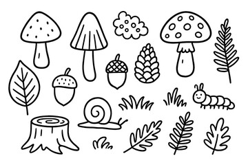 Fototapeta premium Woodland Doodle Illustration. Hand-drawn doodle illustration Woodland fungi, mushroom, toadstool, spore, cap, stem, gills, forest leaf, acorn, pine cone,