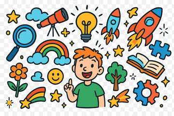 Fototapeta premium Children's Discovery Doodles. Colorful Hand-drawn doodle Children illustration Discovery of New Idea [magnifying glass, telescope, rocket, rainbow, puzzle