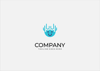 Blue smiling face character with crown antler hairstyle symbol representing happiness joy creativity fantasy avatar mascot playful positive expression.