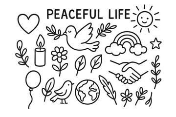 Fototapeta premium Symbols of Peace. Hand-drawn doodle illustration Peaceful life Heart, dove, olive branch, candle, flower, leaf, rainbow, cloud, sun, star, bird, balloon,