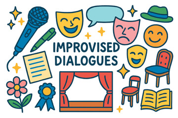 Doodle Stage Performance. Colorful Hand-drawn doodle Children illustration Improvised Dialogues microphone, stage, comedy mask, tragedy mask, paper, pen,