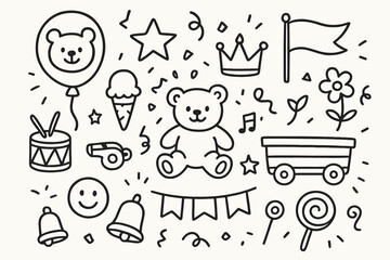 Fototapeta premium Children's Parade Doodles. Hand-drawn doodle illustration Children?s parade balloon, teddy bear, toy drum, whistle, star, flag, crown, confetti, ice cream,