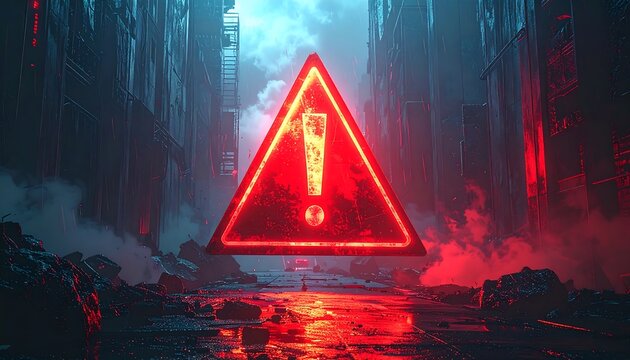 Glowing warning sign in a cyberpunk alley