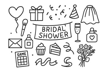 Bridal Shower Elements. Hand-drawn doodle illustration Bridal Shower heart balloon, gift box, party hat, veil, makeup brush, champagne flute, cupcake, banner,