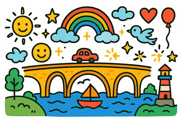 Obraz premium Colorful Doodle Bridge. Colorful Hand-drawn doodle Children illustration Massive Bridge [long bridge, river, boat, rainbow, star, heart, spark, smiling face,