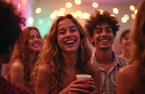 Young adults enjoy party with disco lights. Group of friends celebrating at nightclub, sharing drinks, laughing. Energetic vibe, happy teenagers at college party, university event, birthday