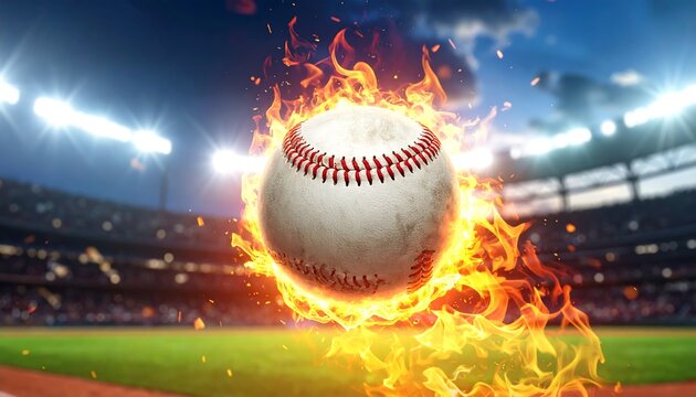Baseball in fire at night stadium