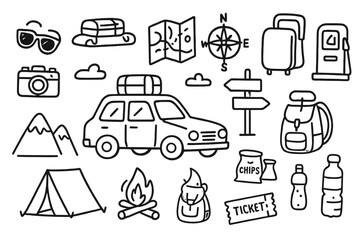 Road Trip Essentials. Hand-drawn doodle illustration Road trip car, map, compass, suitcase, gas pump, road sign, camera, sunglasses, tent, campfire, mountains,