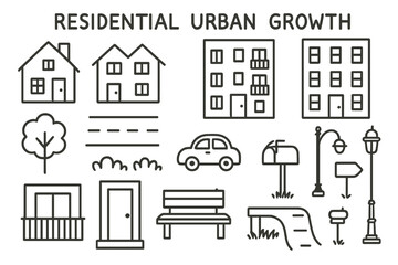Urban Growth Doodle. Hand-drawn doodle illustration Residential urban growth house, duplex, condo, apartment, tree, street, sidewalk, car, lamppost, road sign,