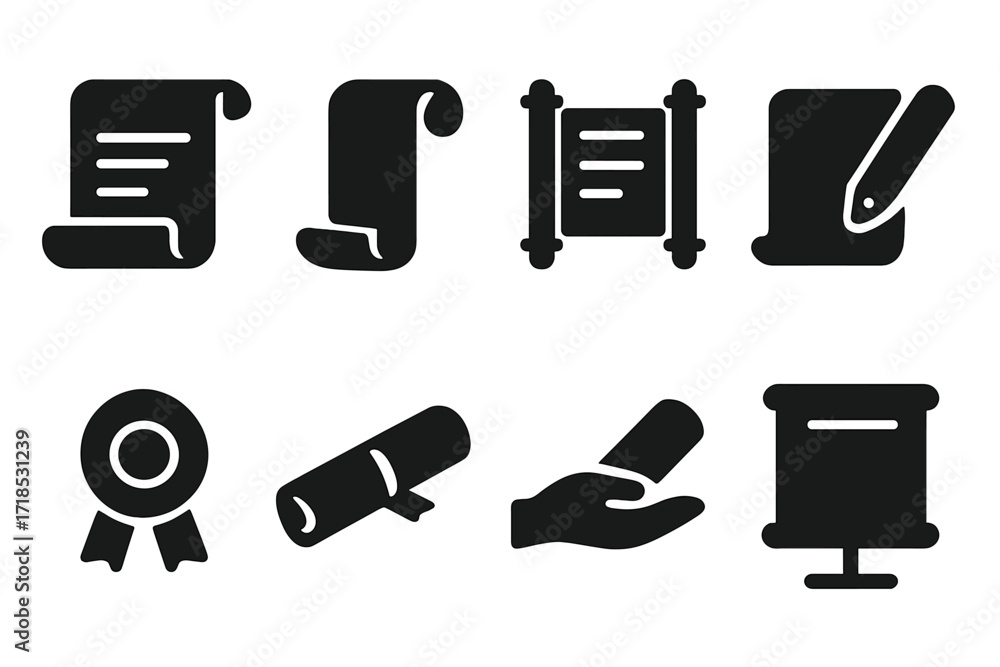 Aufkleber scroll actions icons. solid, filled icon set of scroll actions: unroll, roll up, read, write, seal, 
