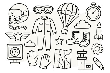 Obraz premium Pilot Gear Doodles. Hand-drawn doodle illustration Pilot gear pilot helmet, goggles, parachute, flight suit, boots, gloves, radar, wings, star, map, control