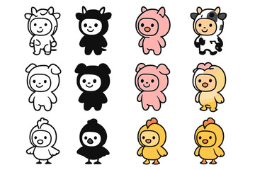 Farm Animal Costumes. Icon Set of Farm animal costumes: cow costume, pig costume, chicken costume. Icons set in vector style, emblematic variations. Cow