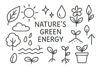 Nature's Green Icons. Hand-drawn doodle illustration Nature?s Green Energy [leaf, sun, sparkle, star, droplet, cloud, wave, tree, flower, sprout, soil, seed,