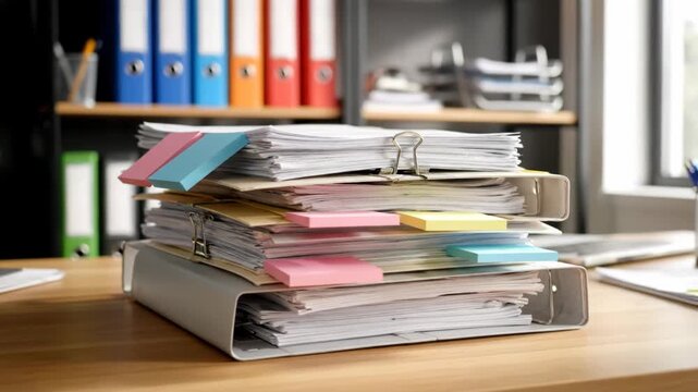 Organized Office Paperwork: Stacked Binders, Documents & Files with Sticky Notes on Desk for Business Administration
