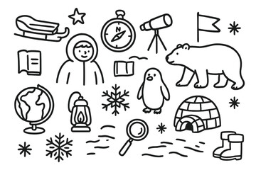Arctic Exploration Doodles. Hand-drawn doodle illustration Arctic explorers [sled, compass, telescope, notebook, polar bear, penguin, igloo, ice crystal,