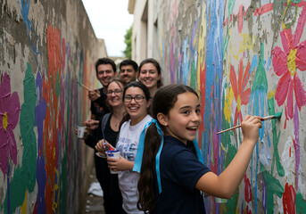 Naklejka premium A diverse group of smiling people, including children and adults, enthusiastically painting a vibrant floral mural on a narrow outdoor wall.