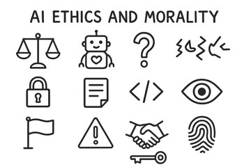 Fototapeta premium AI Ethics Doodle. Hand-drawn doodle illustration AI Ethics and Morality scale, robot with heart, question mark, broken circuit, padlock, document, code
