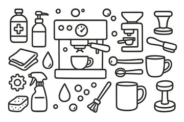 Coffee Machine Cleaning Icons. Hand-drawn doodle illustration Professional coffee machine cleaning espresso machine, grinder, portafilter, tamper, cup, mug,
