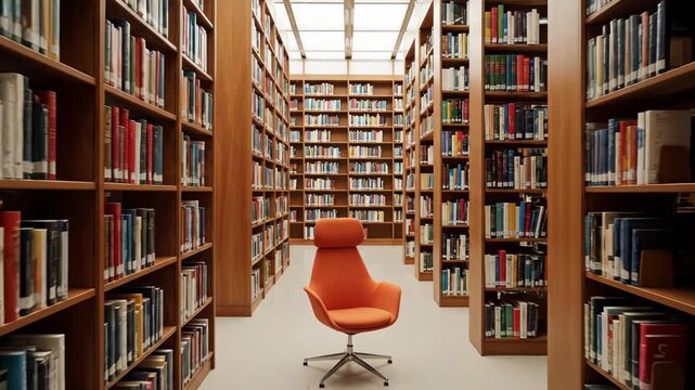 Bright, Modern Library Interior with Tall Bookshelves and a Striking Orange Chair