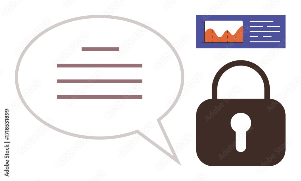 Poster speech bubble with text, lock representing data security, and chart visualization. ideal for cyberse
