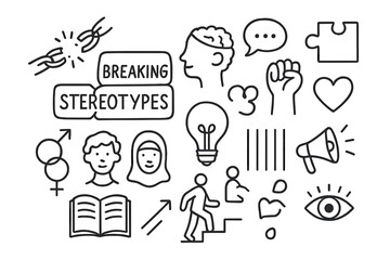 Breaking Stereotypes Doodle. Hand-drawn doodle illustration Breaking stereotypes [broken chain, cracked label, open mind, speech bubble, puzzle piece, heart,