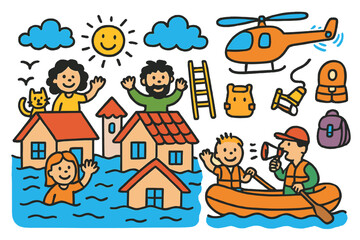 Rescue Amidst Flood. Colorful Hand-drawn doodle Children illustration People stranded on rooftops houses with water, rooftops, waving people, rescue boat,