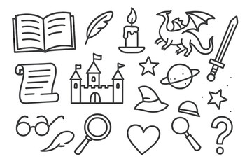 Fantasy Icon Doodles. Hand-drawn doodle illustration book genres open book, quill, candle, scroll, glasses, star, castle, dragon, sword, planet, rocket, heart,