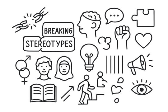 Breaking Stereotypes Doodle. Hand-drawn doodle illustration Breaking stereotypes [broken chain, cracked label, open mind, speech bubble, puzzle piece, heart,